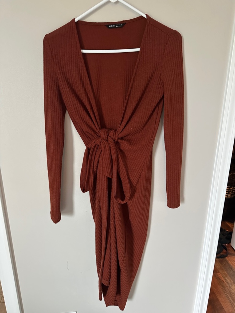 SHEIN Brick Red Tie-Front Ribbed Long Sleeve Dress